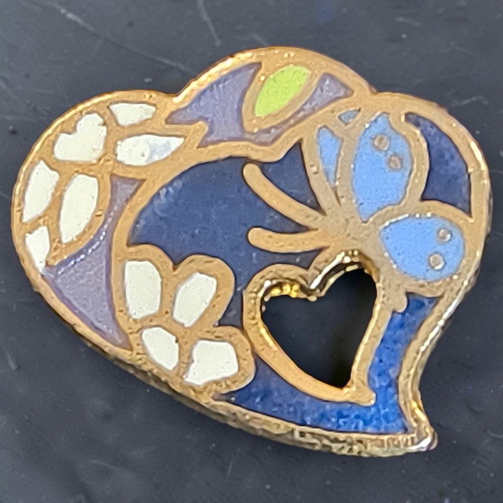 Vintage Cloisonne Double Heart Butterfly Floral Stud Earrings NOS Taiwan